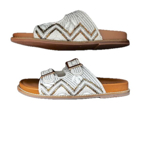 House of Harlow Beaded Flat Sandal Double Buckle White Shimmer Gold Sz 8 NEW - Picture 5 of 10